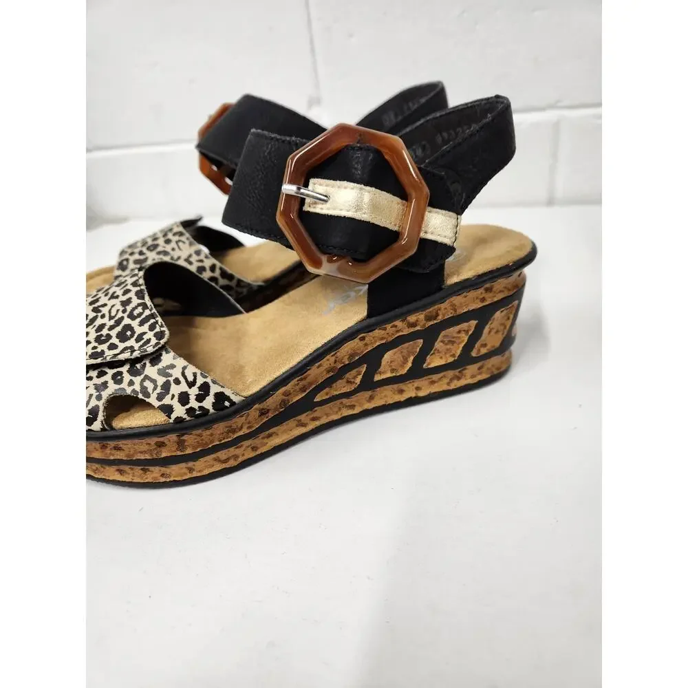 Rieker Women's 68176 Rose Wedge Sandals, Size 38 (7-7.5) In Ginger/Schwarz/Gold